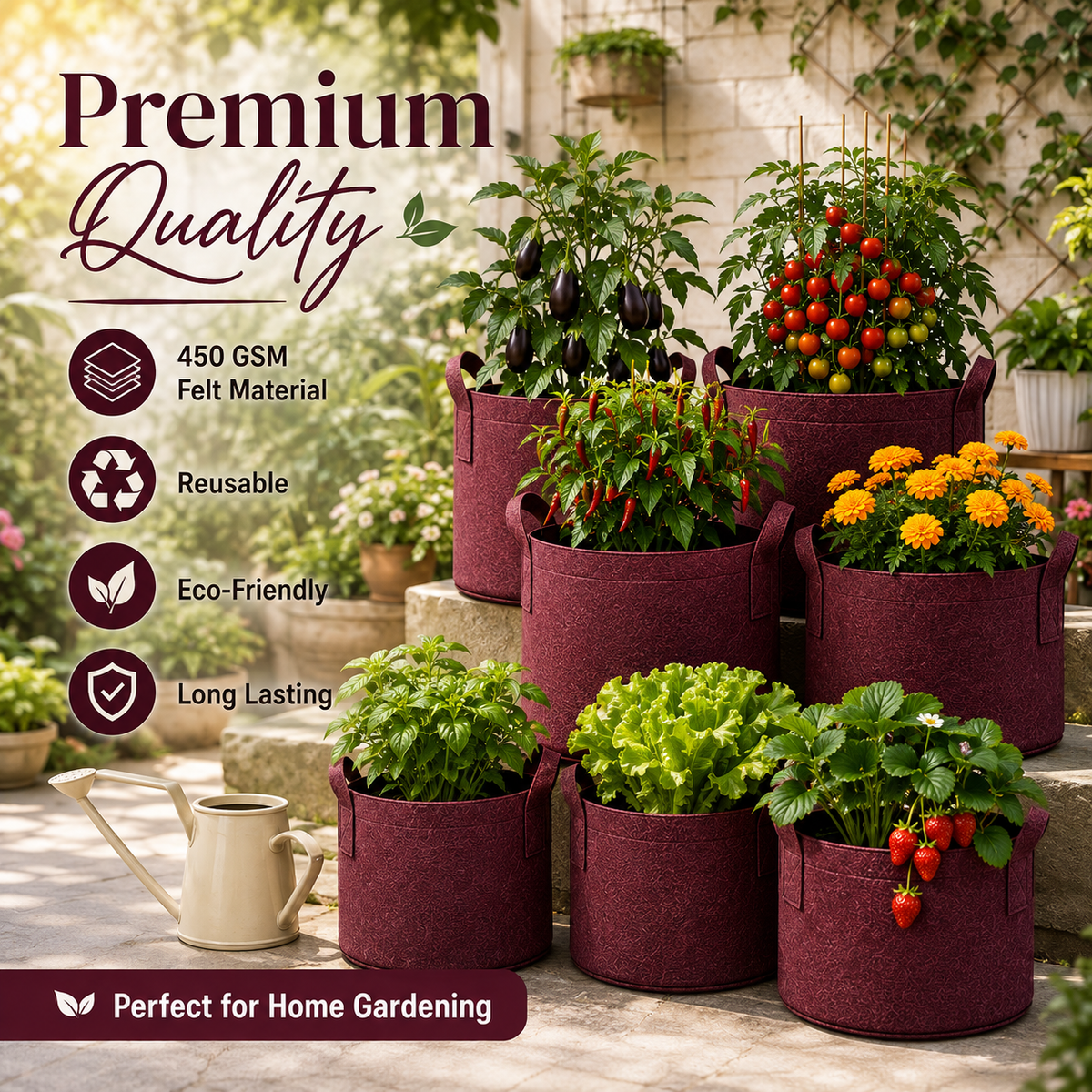 Plant Grow Bag | Heavy-Duty Breathable Fabric Plant Pot for Vegetables, Flowers, Herbs & Terrace Gardening (Color-Maroon)