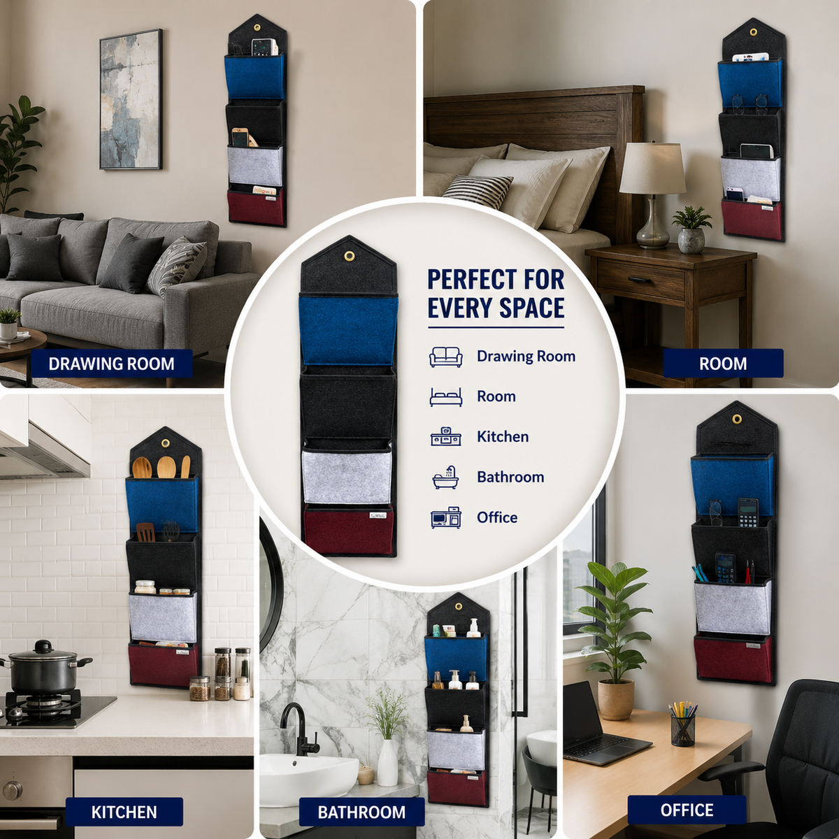 Wall Hanging Storage Organize with 4 Pockets (Large) Multicolor