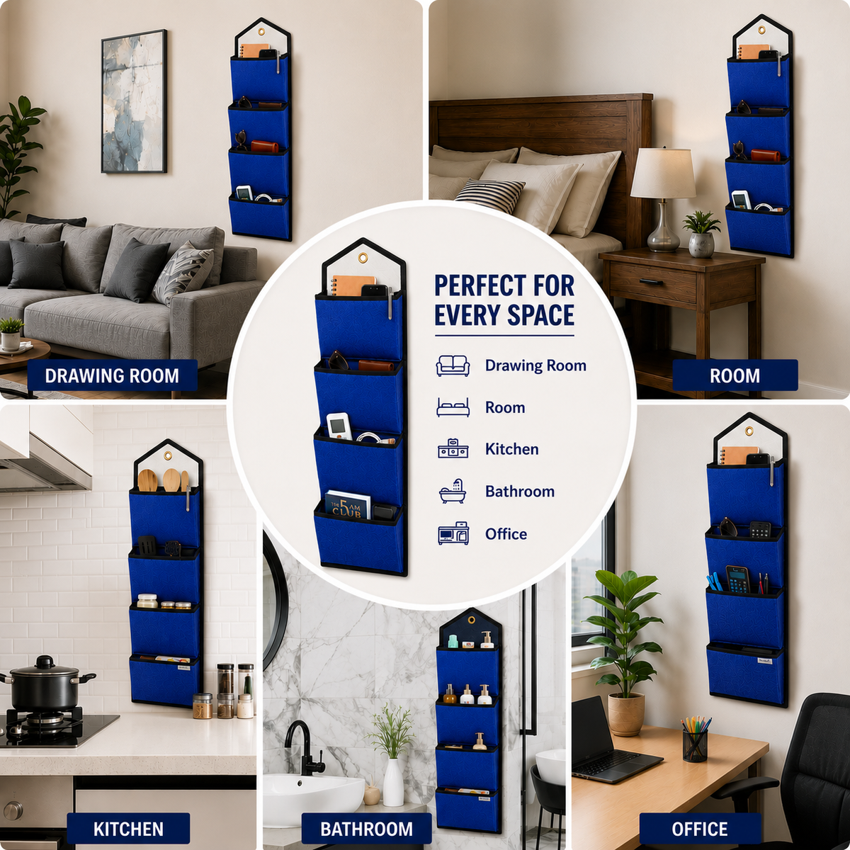 Wall Hanging Storage Organize with 4 Pockets (Large) Blue