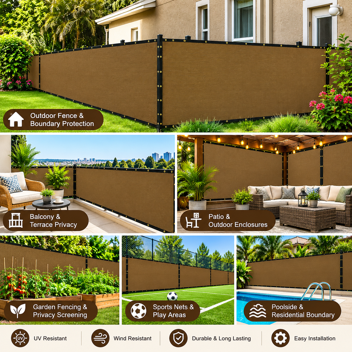 Privacy Screen Fence Shade Net for Balcony, Garden, Terrace & Outdoor Fence Heavy Duty with Polyester Band, Brass Eyelets & Tie Cords (Beige Black)