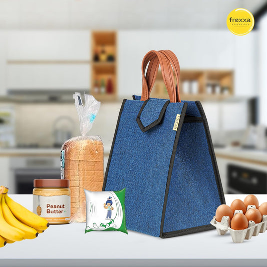 Blue lunch bag with bread, peanut butter, bananas, and eggs on a kitchen counter with frexza logo.