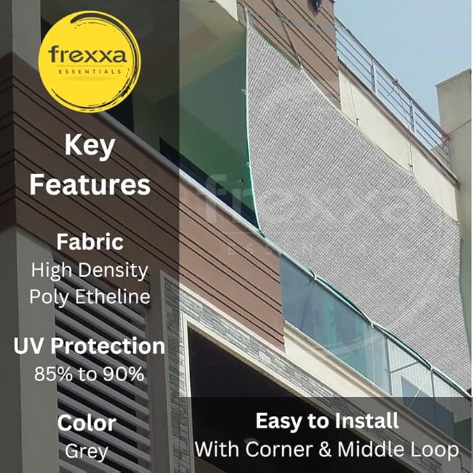 Balcony with fabric covering, featuring frexxa brand and product features.