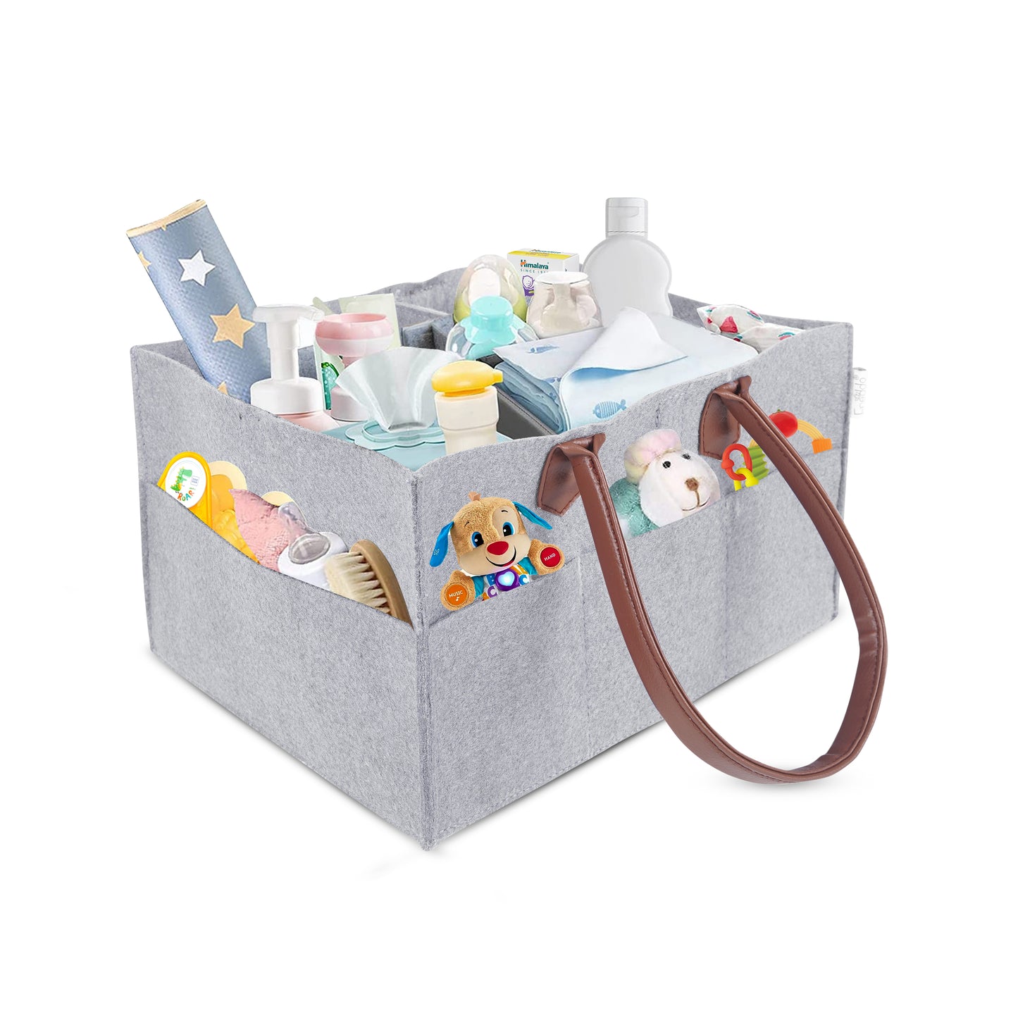 Gray storage caddy with baby items on a white background