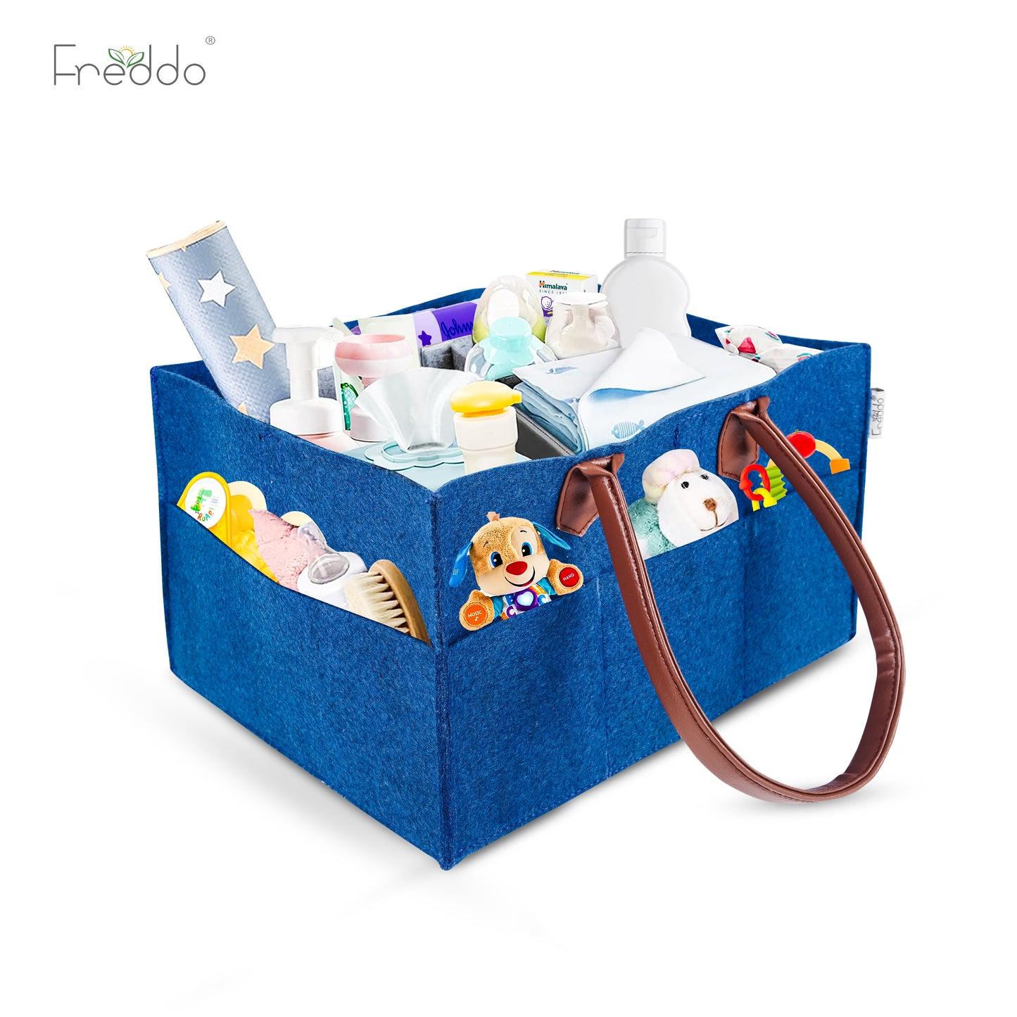 Blue storage caddy with baby items and Freddo branding on a white background