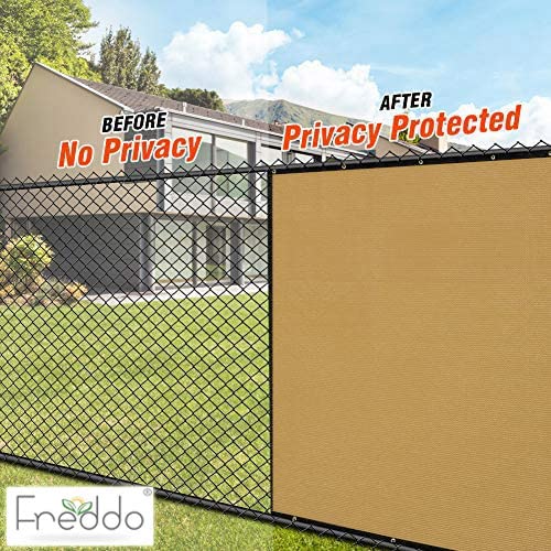 Fence with privacy screen before and after installation, showing 'No Privacy' to 'Privacy Protected'. Freddo brand visible.