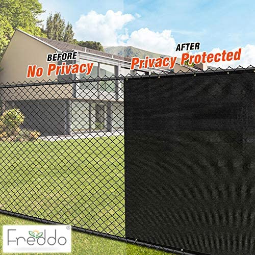 Before and after comparison of a fence with privacy screen, showing 'No Privacy' on the left and 'Privacy Protected' on the right, with Freddo brand logo.
