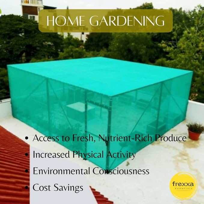 Green garden cover on a table with text about home gardening benefits and Frexxa branding.
