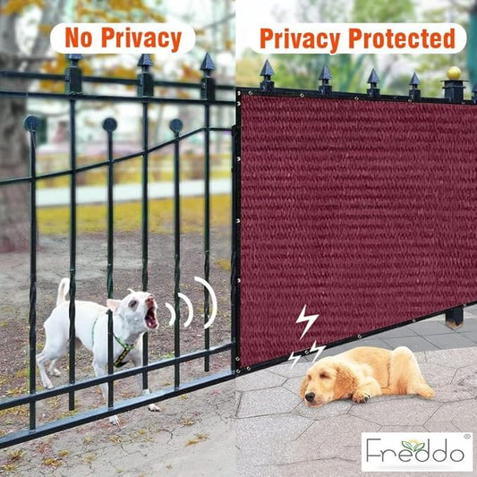 Before and after comparison of a fence with and without privacy screen, showing a dog barking and then resting, with Freddo branding.