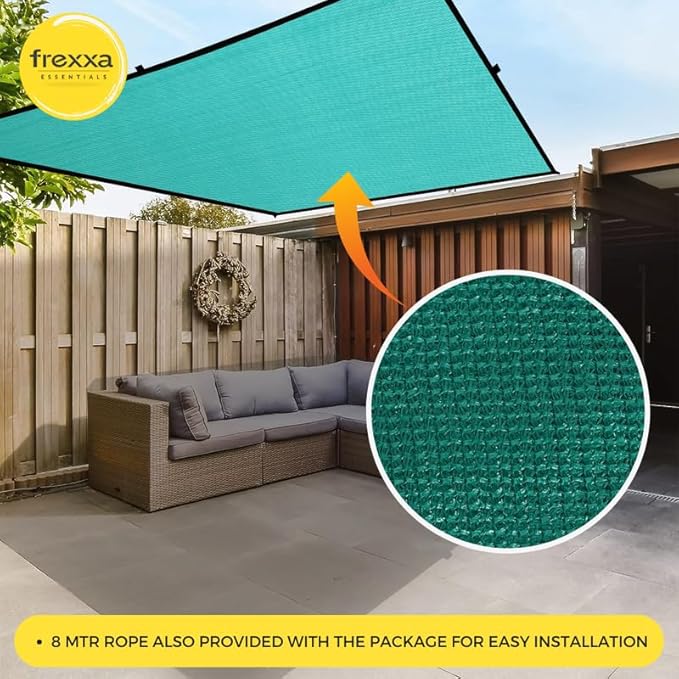 Teal sunshade canopy over a patio area with a close-up of the fabric texture and frexxa branding.
