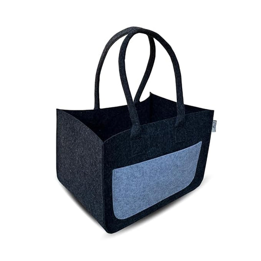Black tote bag with a blue pocket on a white background