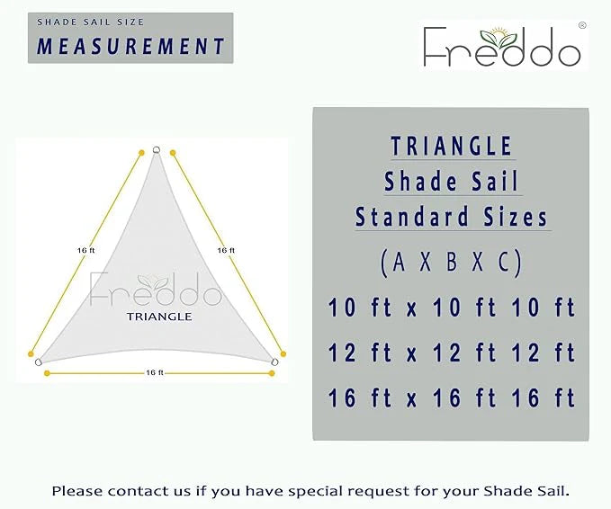 Freddo shade sail measurement chart with triangle design and standard sizes listed.