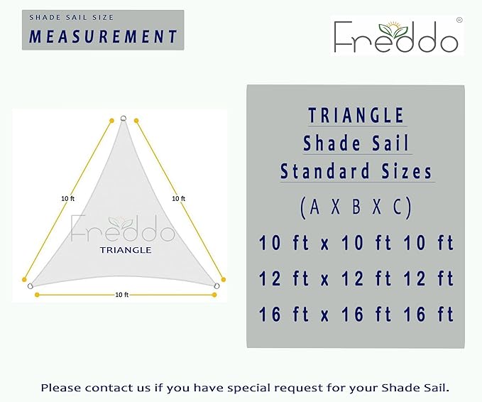 Freddo triangle shade sail measurement chart with sizes listed.
