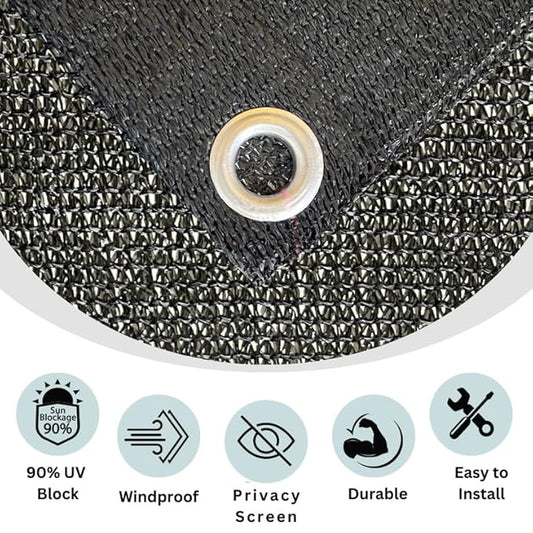 Close-up of a mesh screen with grommets and features listed below.