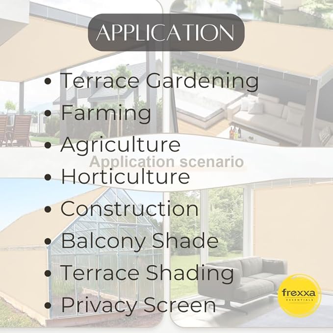 List of applications for a product or service with examples like terrace gardening, farming, and construction, featuring the frexxa brand.