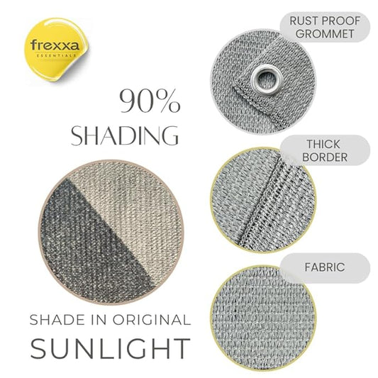 Product details of frexxa essentials with text on shading, rust-proof grommet, thick border, and fabric.