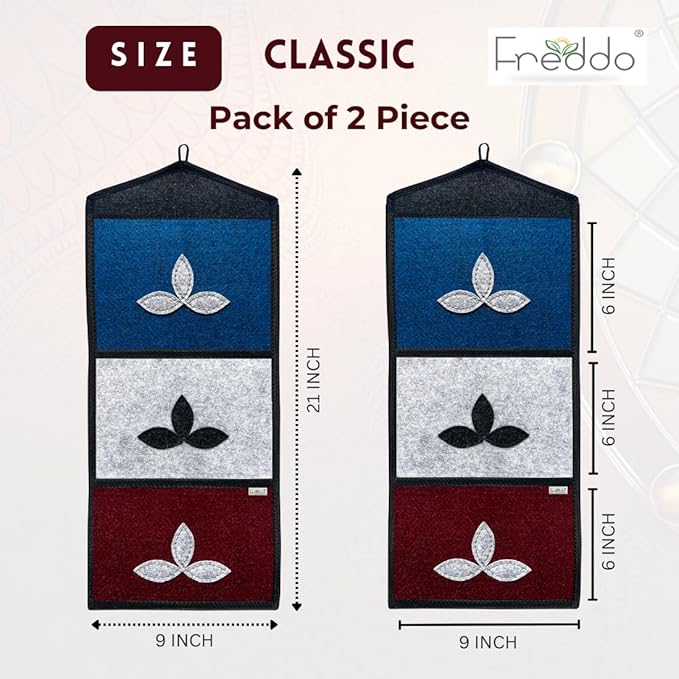 Pack of 2 Freddo kitchen towels with geometric patterns and measurements on a white background