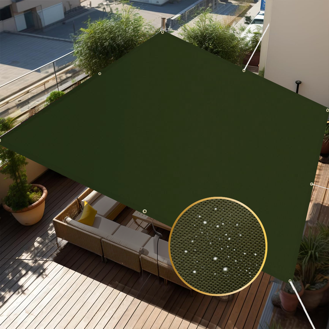 Green sunshade over a patio with a close-up of the material texture.