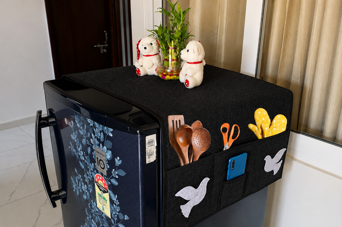 stylish fridge cover set with side pockets for kitchen storage