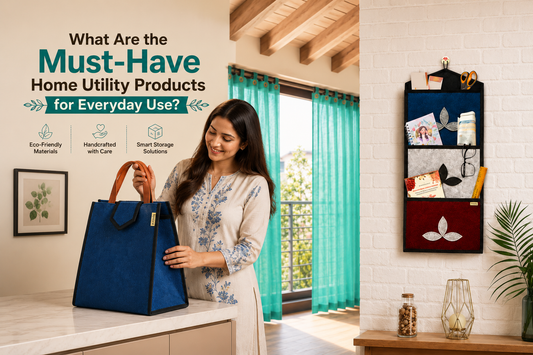 Woman using eco-friendly home utility products including felt storage bag and wall organizer in a modern home interior.