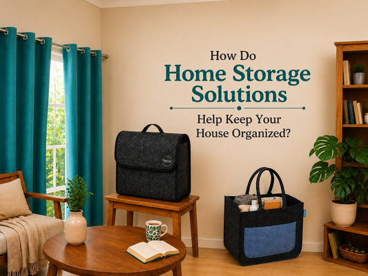 Home storage solution with felt storage bags for organizing daily-use household items
