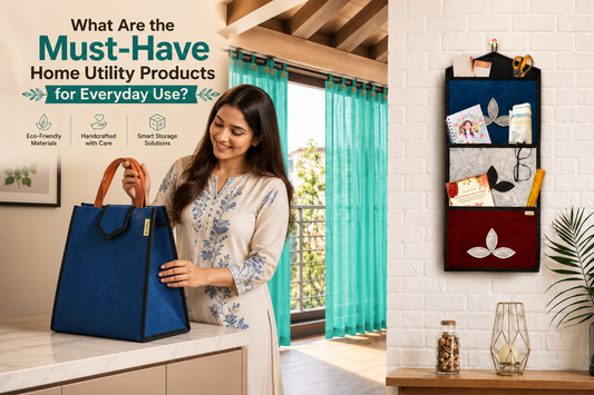 Woman using eco-friendly home utility products including felt storage bag and wall organizer in a modern home interior.