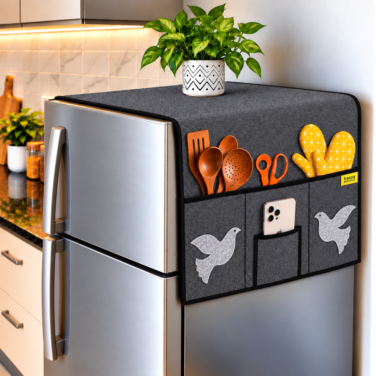 Frexxa Fridge Top Cover with Side Pockets - Dark Grey