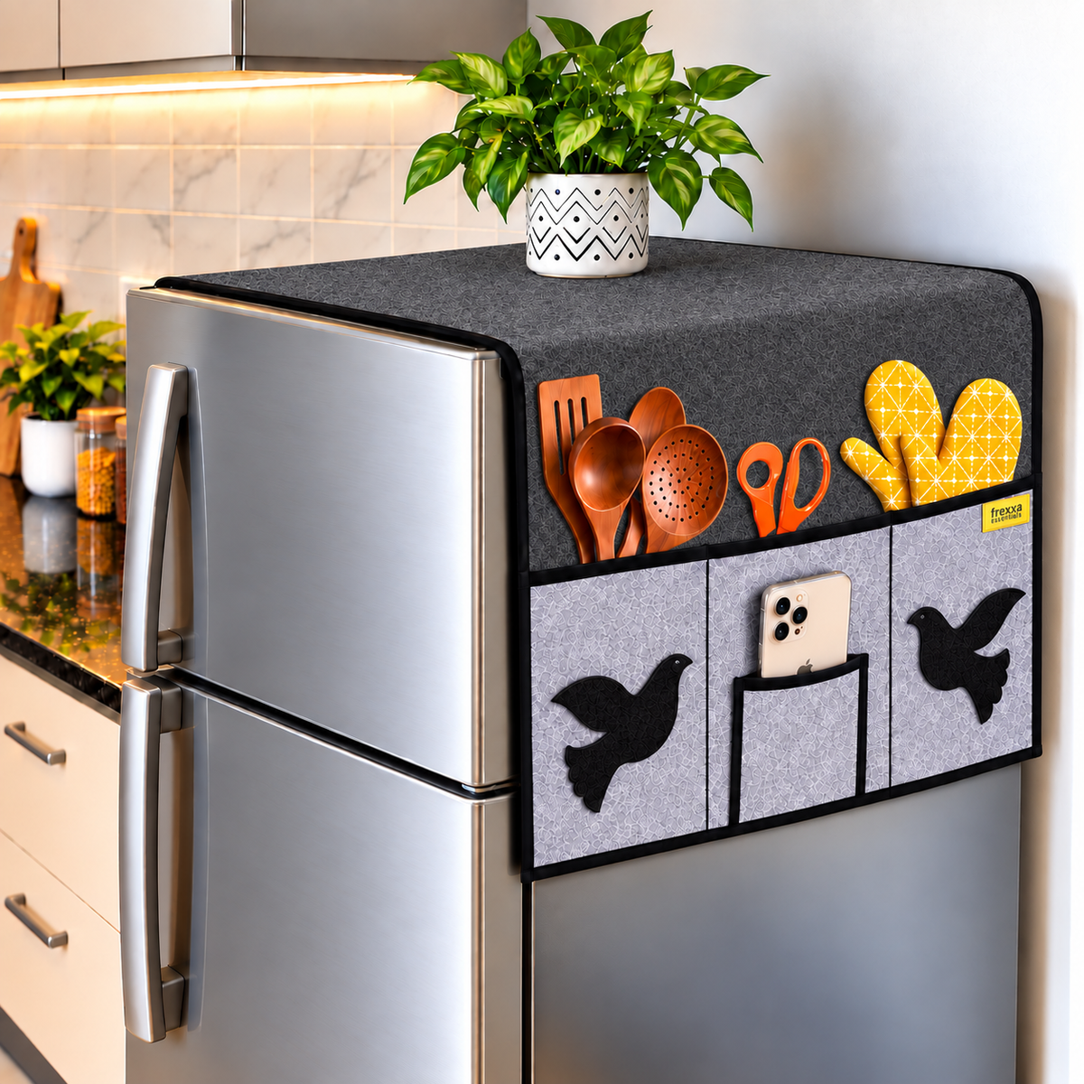 Frexxa Fridge Top Cover with Side Pockets - Black Grey