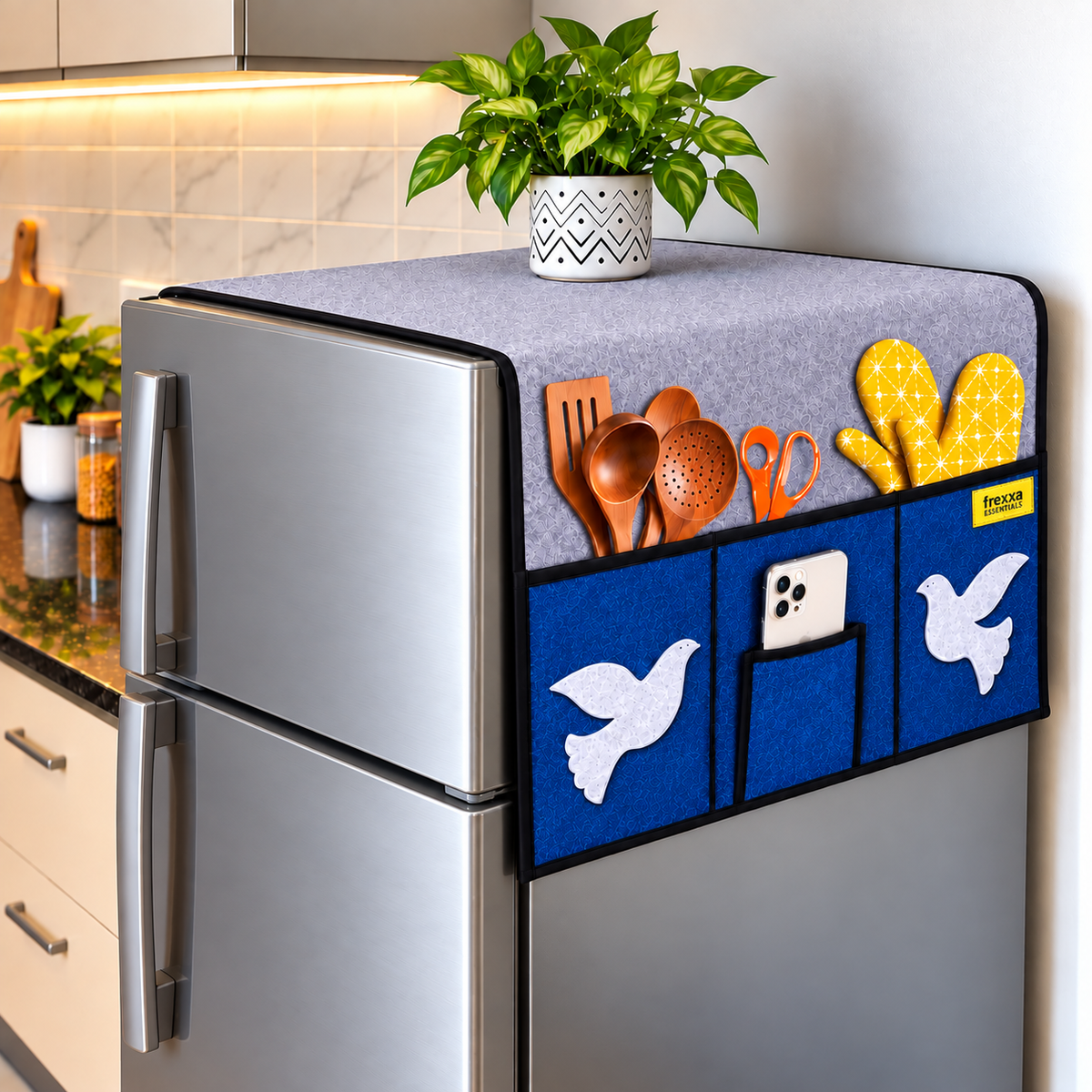 Frexxa Fridge Top Cover with Side Pockets - Grey Blue