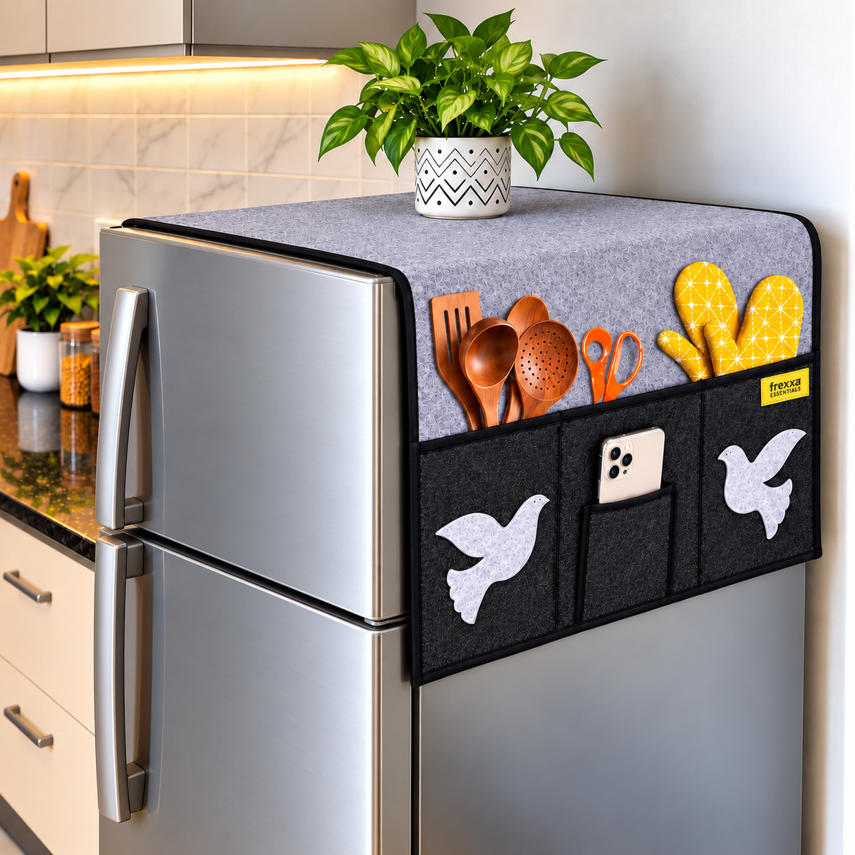 Frexxa Fridge Top Cover with Side Pocket - Grey Black