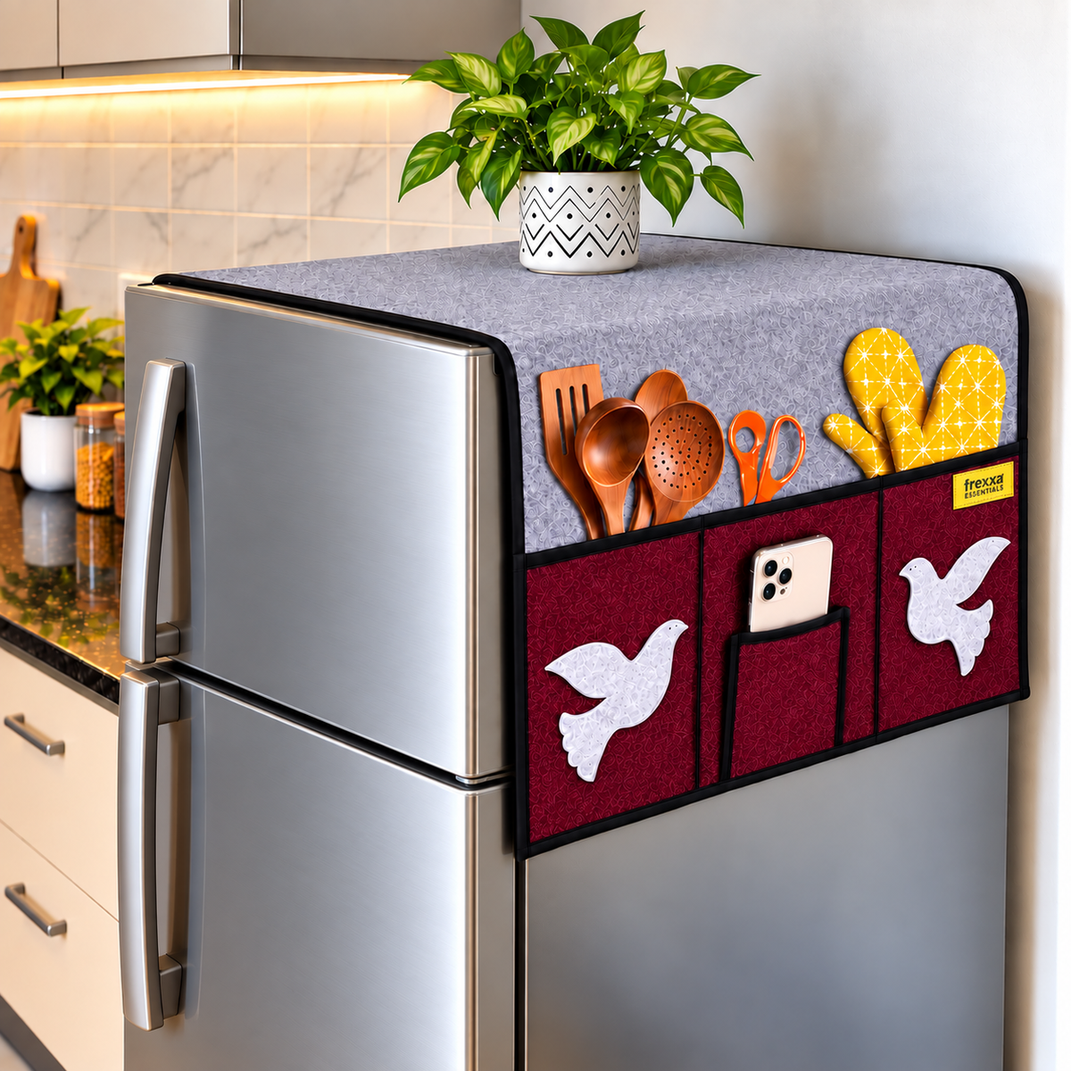 Frexxa Fridge Top Cover with Side Pockets - Grey Maroon
