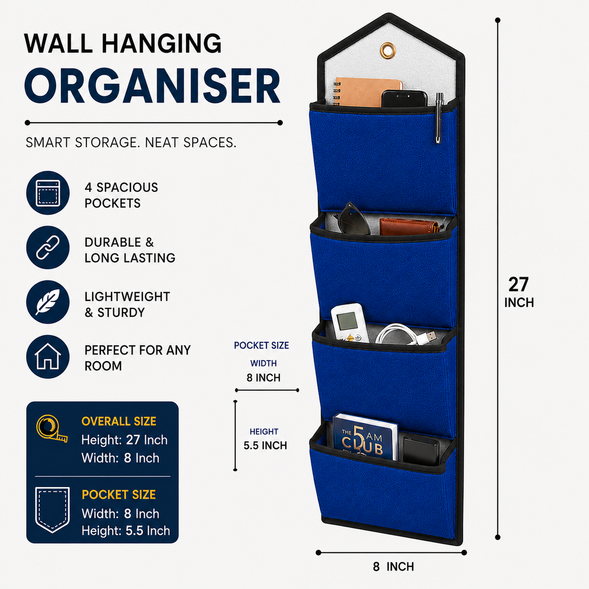 Wall Hanging Storage Organize with 4 Pockets (Large) Blue