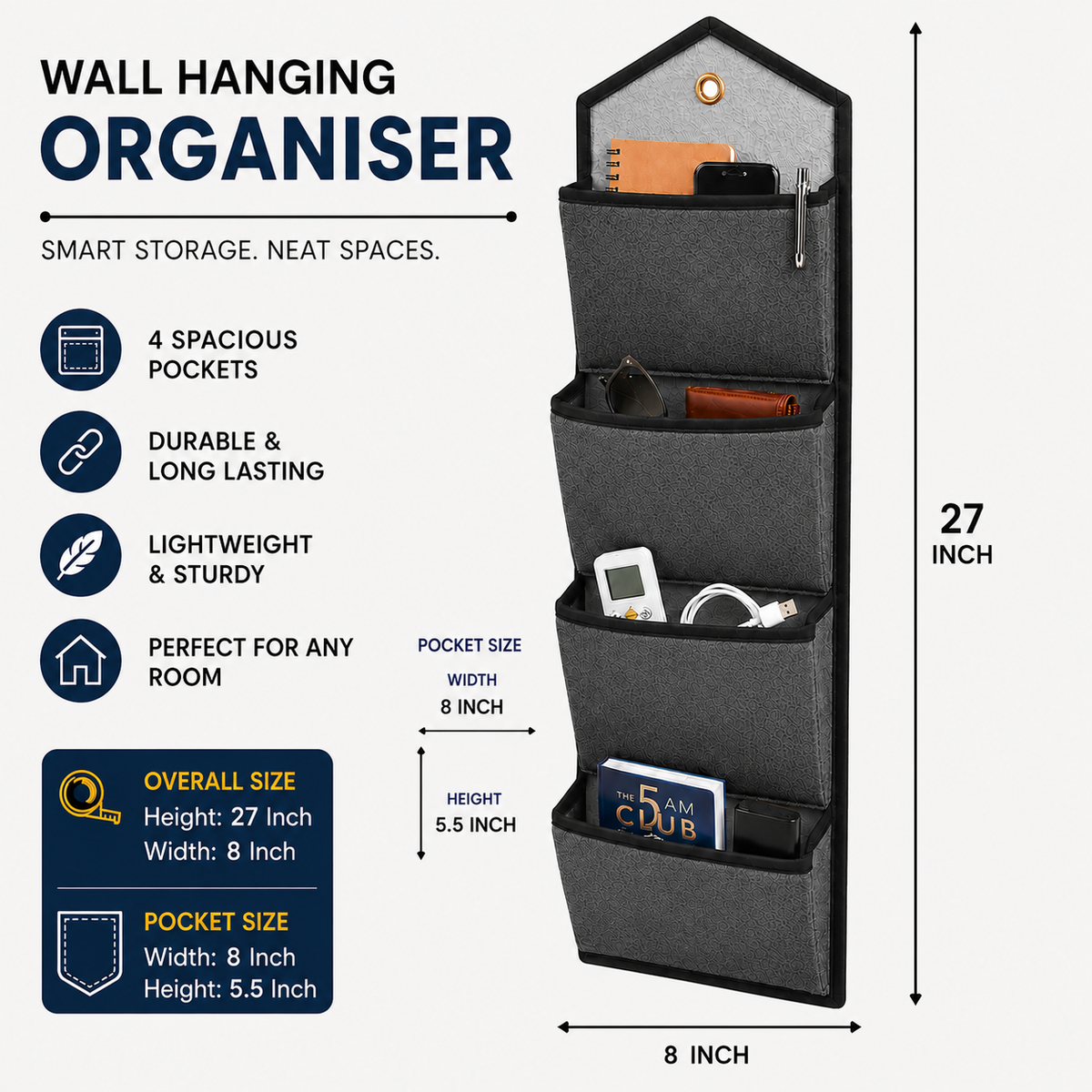Wall Hanging Storage Organize with 4 Pockets (Large) Dark Grey