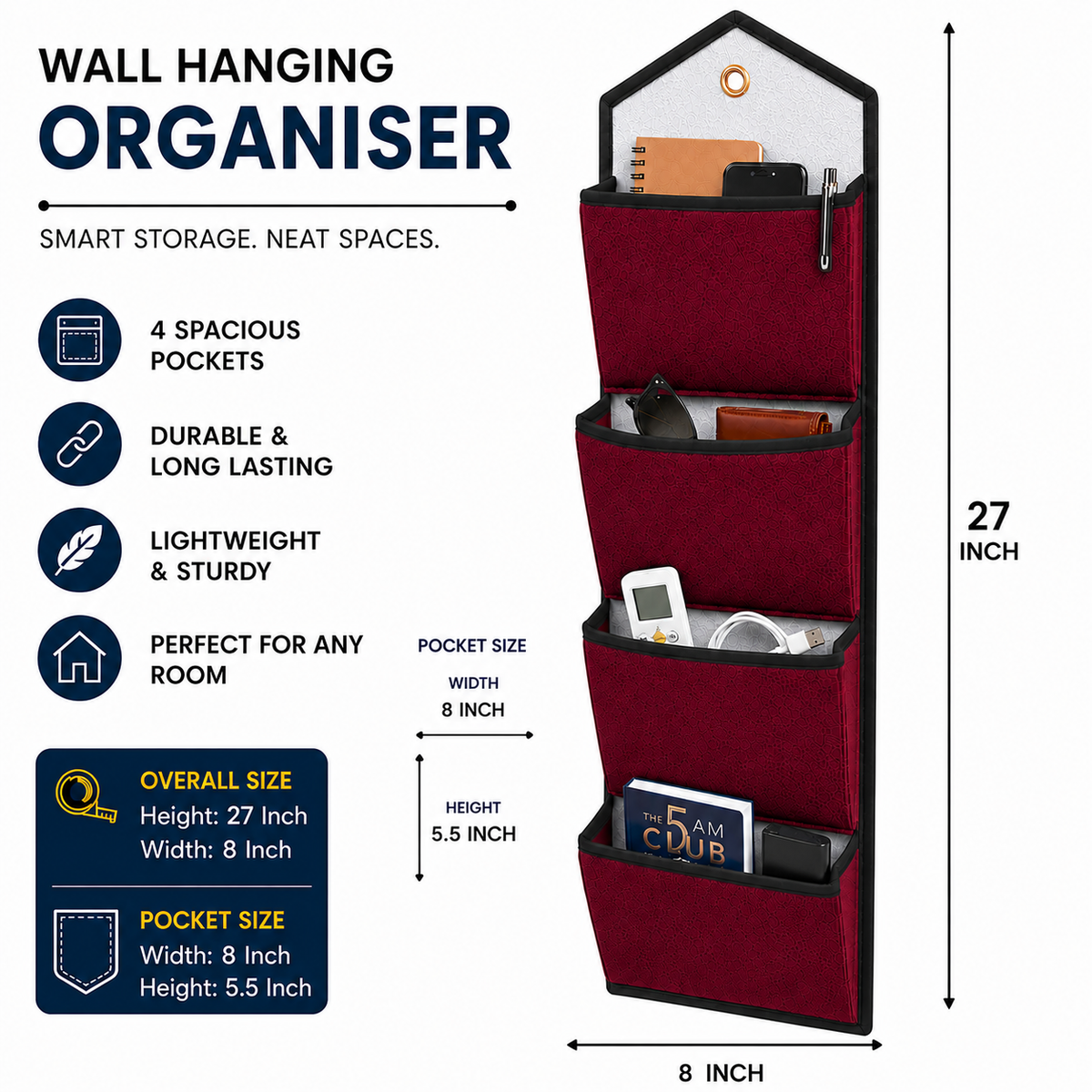 Wall Hanging Storage Organize with 4 Pockets (Large) Maroon