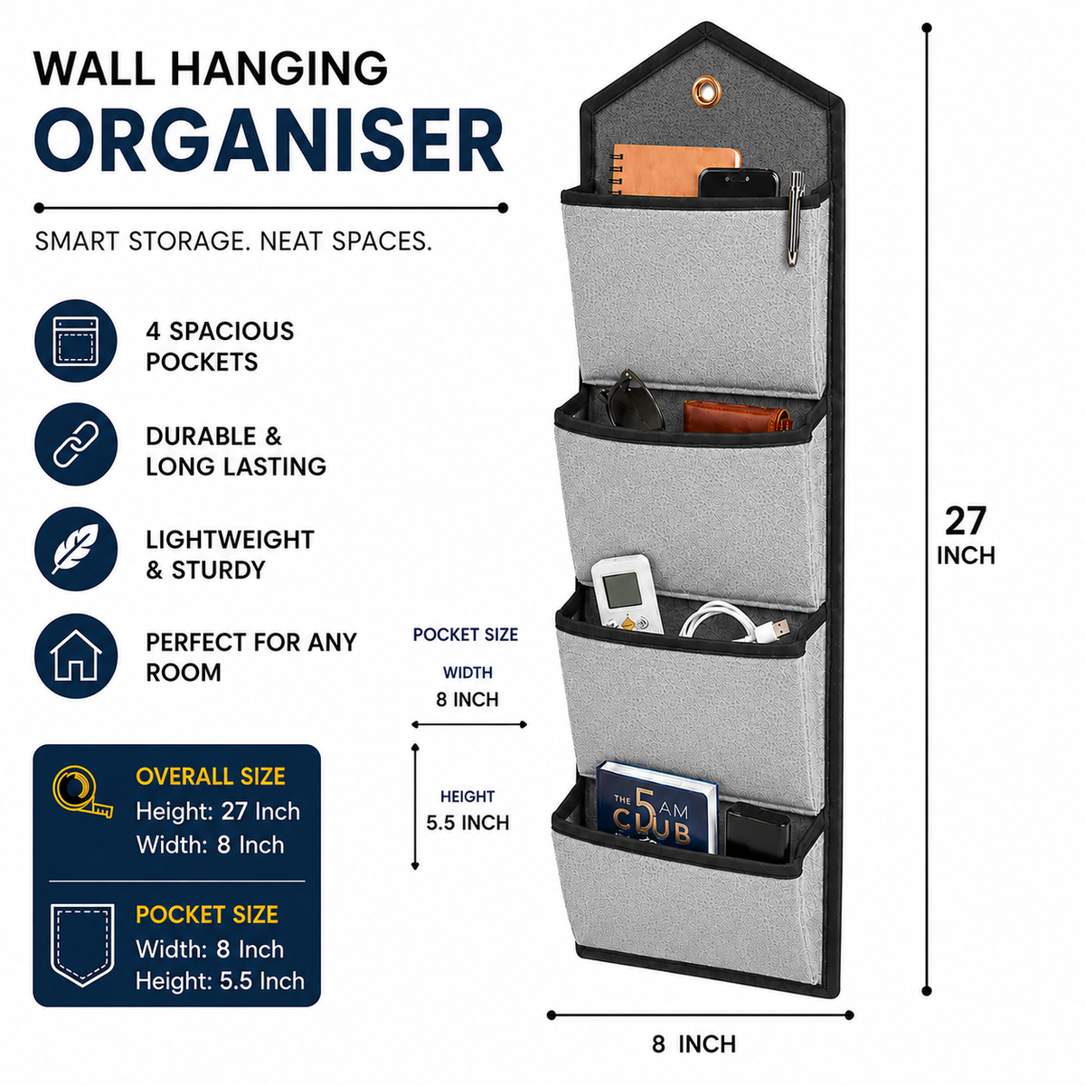 Wall Hanging Storage Organize with 4 Pockets (Large) Grey