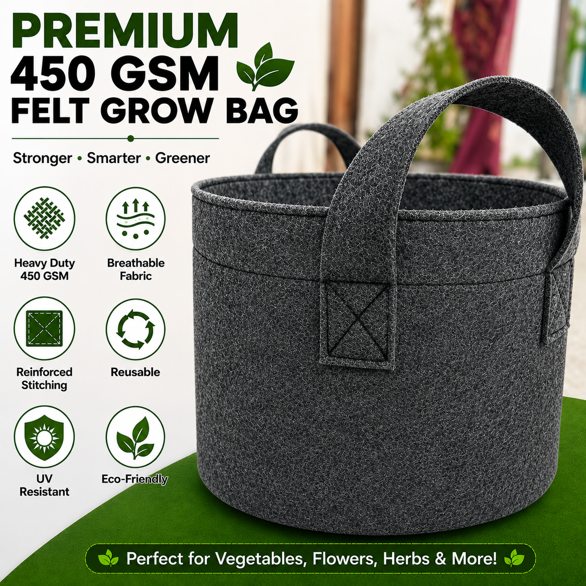 Plant Grow Bag | Heavy-Duty Breathable Fabric Plant Pot for Vegetables, Flowers, Herbs & Terrace Gardening (Color-Dark Grey)