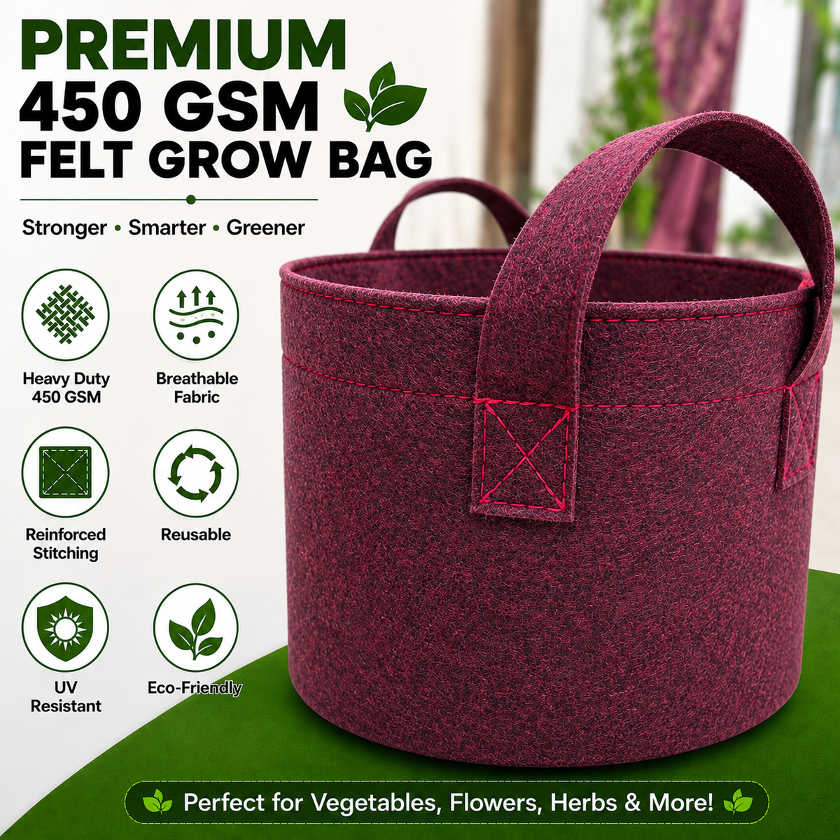 Plant Grow Bag | Heavy-Duty Breathable Fabric Plant Pot for Vegetables, Flowers, Herbs & Terrace Gardening (Color-Maroon)