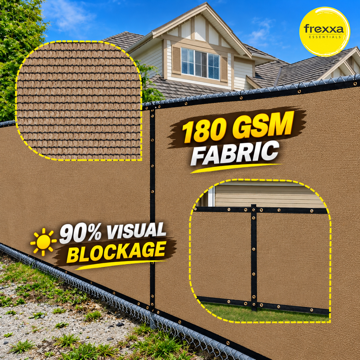 Privacy Screen Fence Shade Net for Balcony, Garden, Terrace & Outdoor Fence Heavy Duty with Polyester Band, Brass Eyelets & Tie Cords (Beige Black)