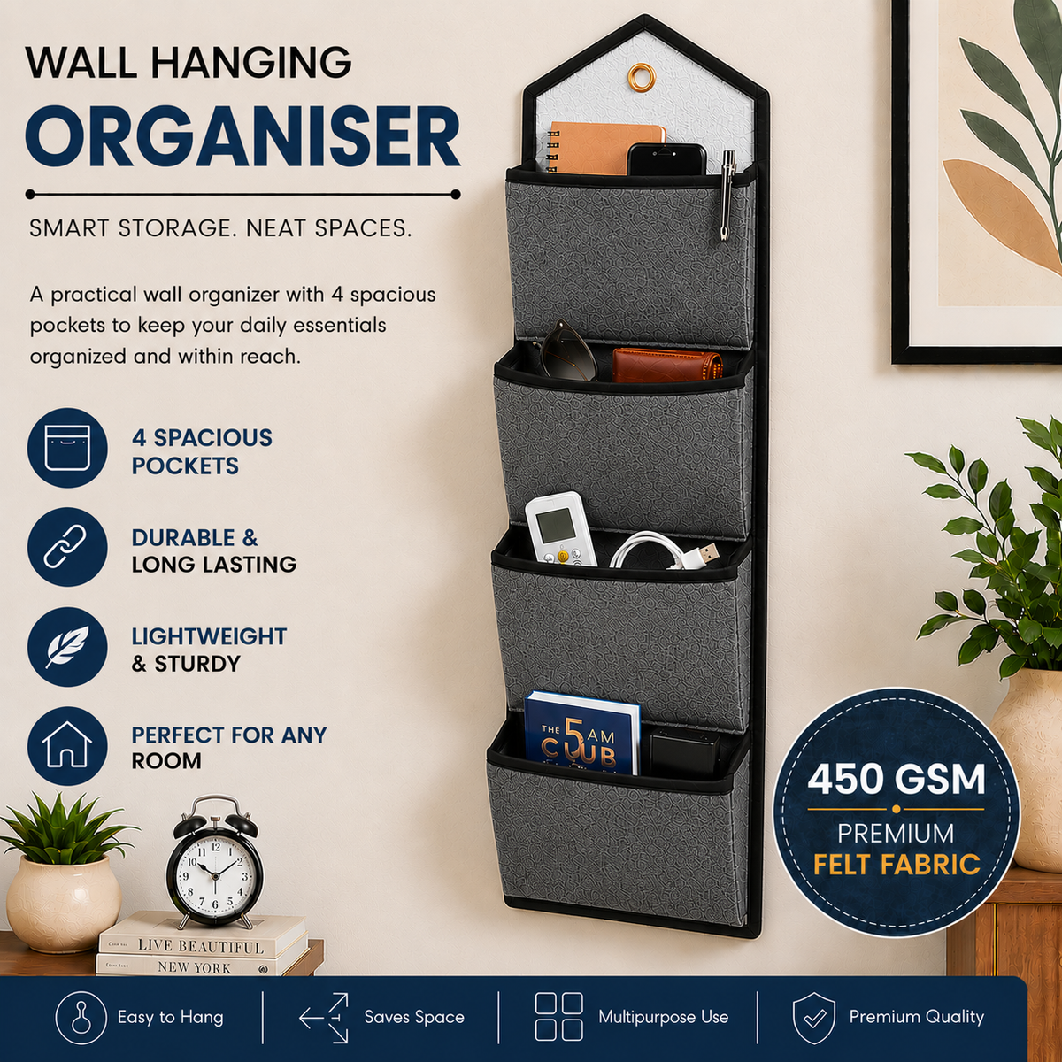 Wall Hanging Storage Organize with 4 Pockets (Large) Dark Grey