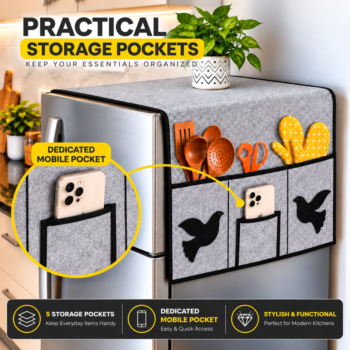 Frexxa Fridge Top Cover with Side Pocket - Grey