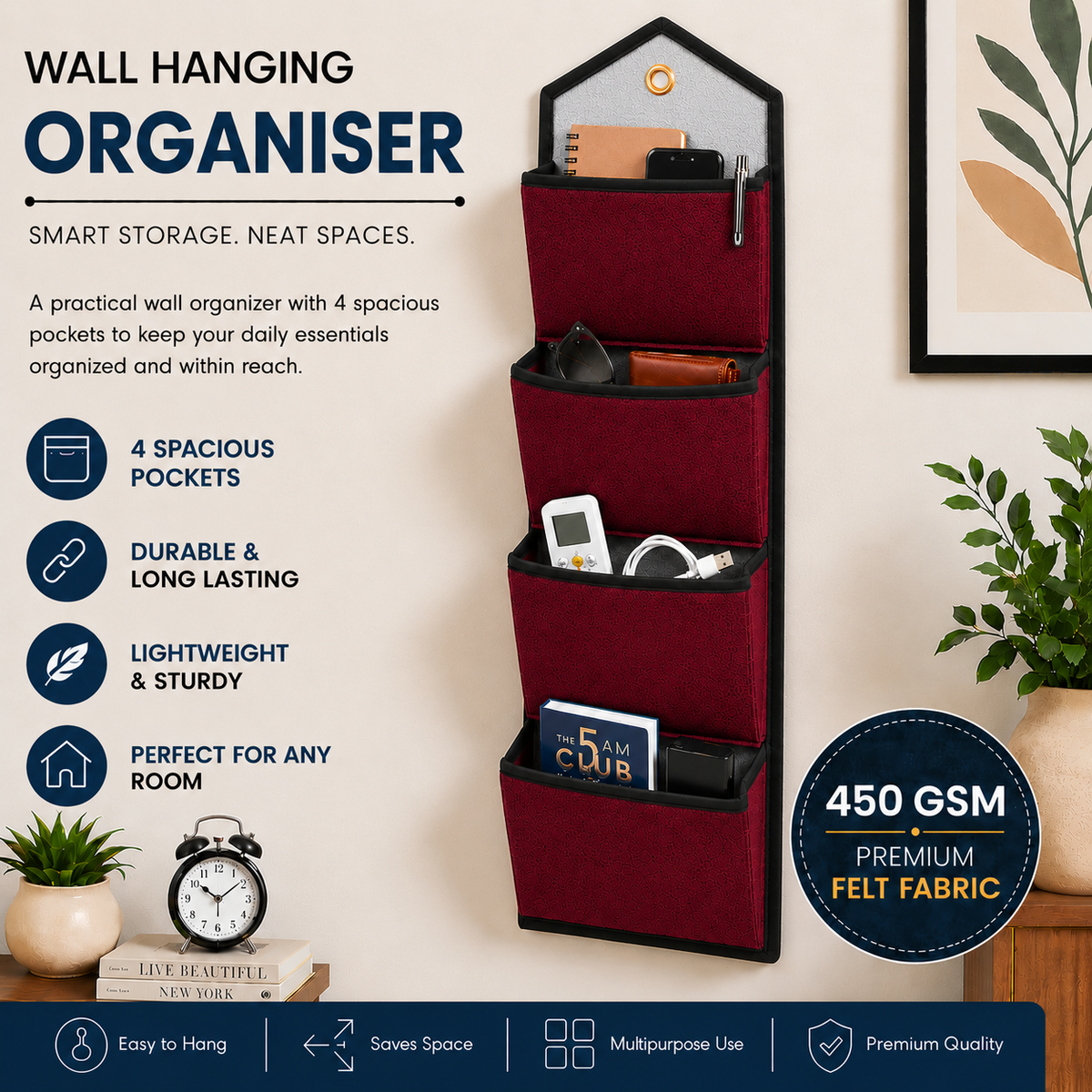 Wall Hanging Storage Organize with 4 Pockets (Large) Maroon