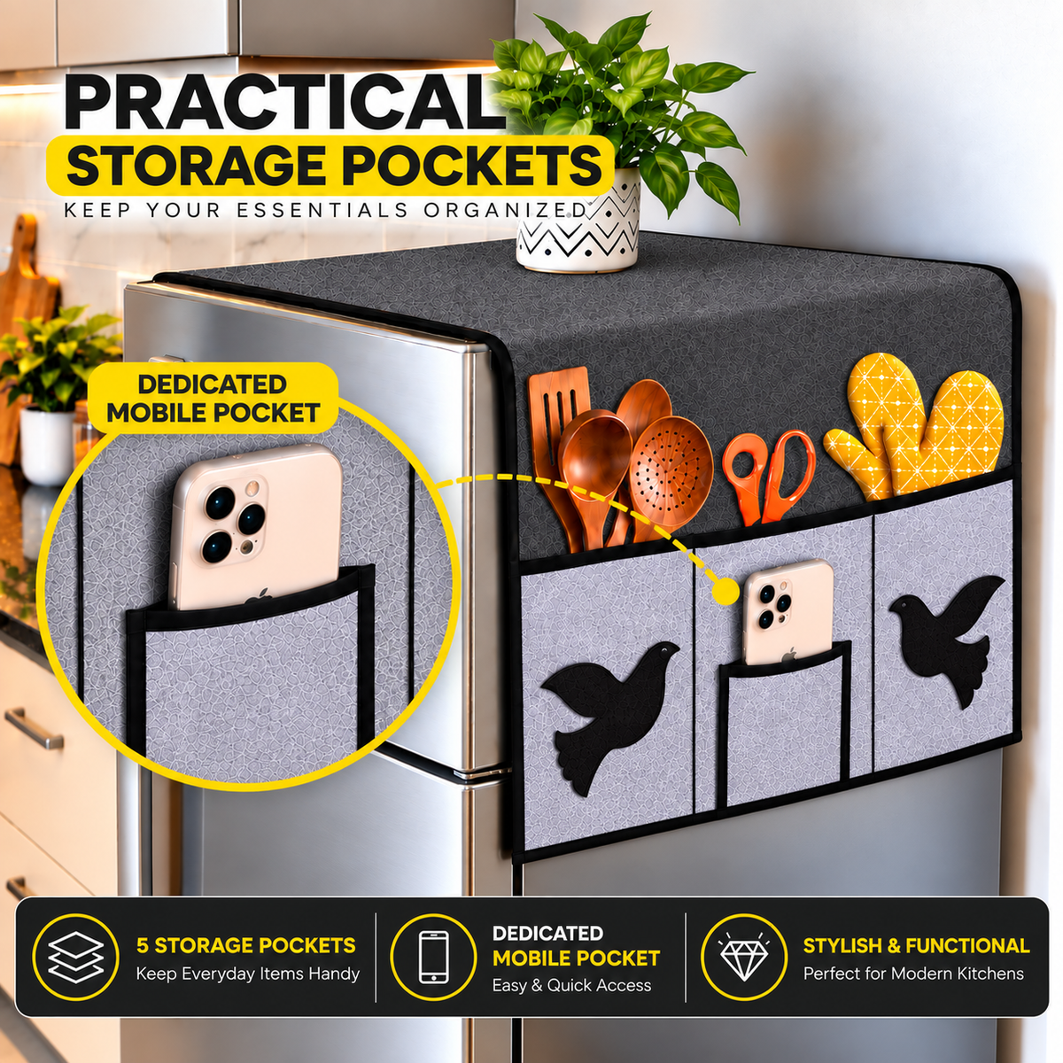 Frexxa Fridge Top Cover with Side Pockets - Black Grey