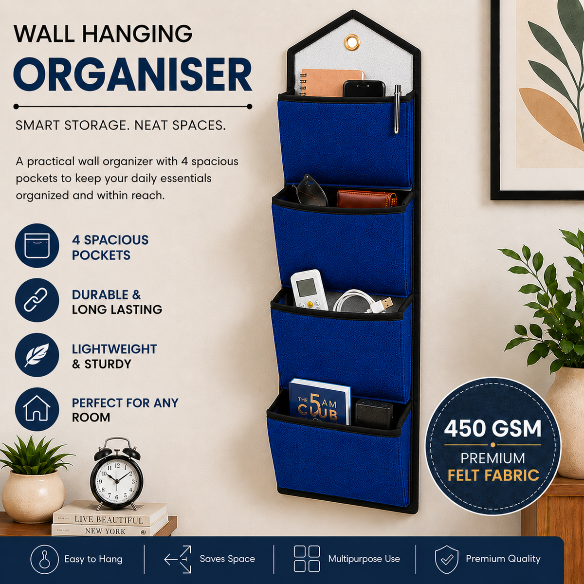 Wall Hanging Storage Organize with 4 Pockets (Large) Blue