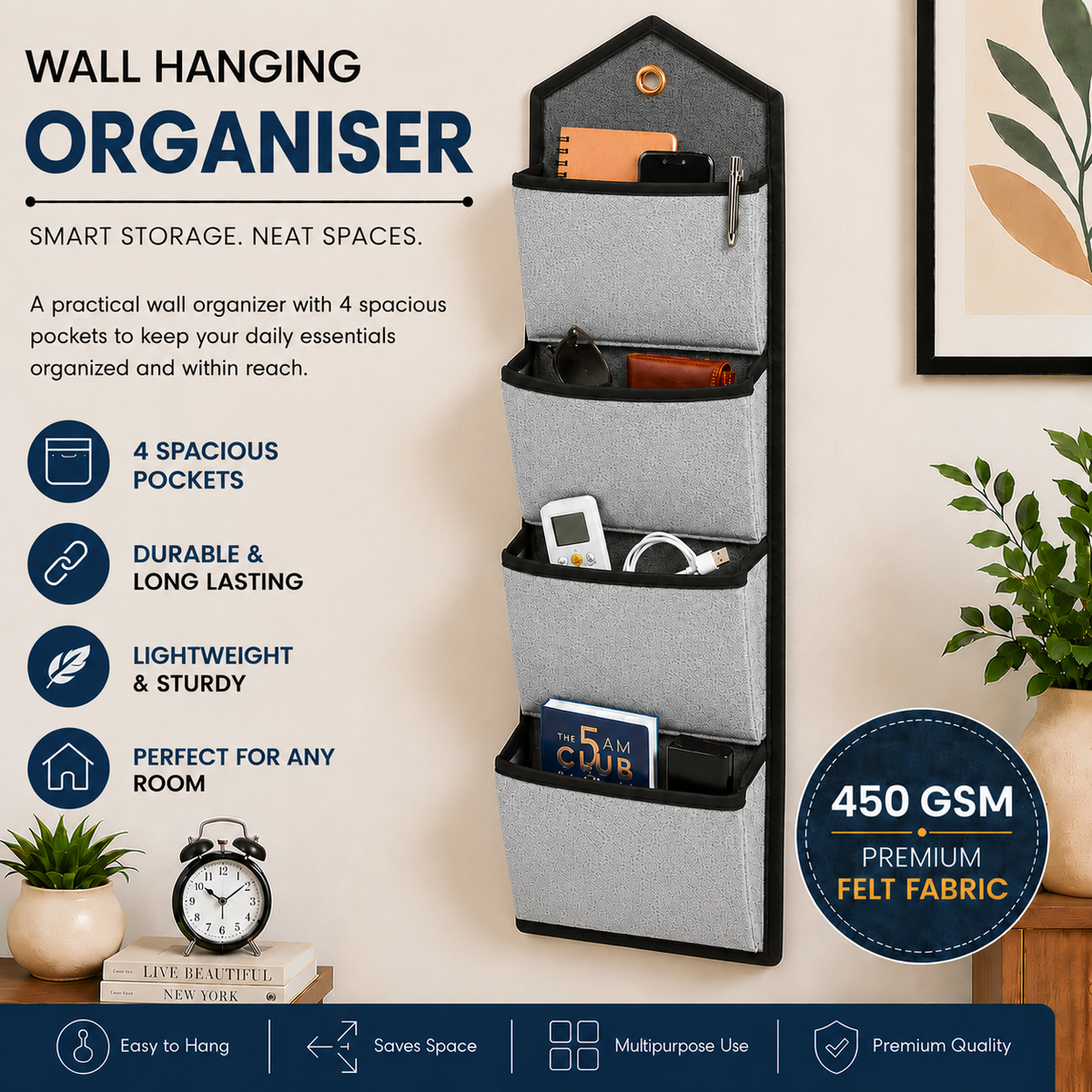 Wall Hanging Storage Organize with 4 Pockets (Large) Grey