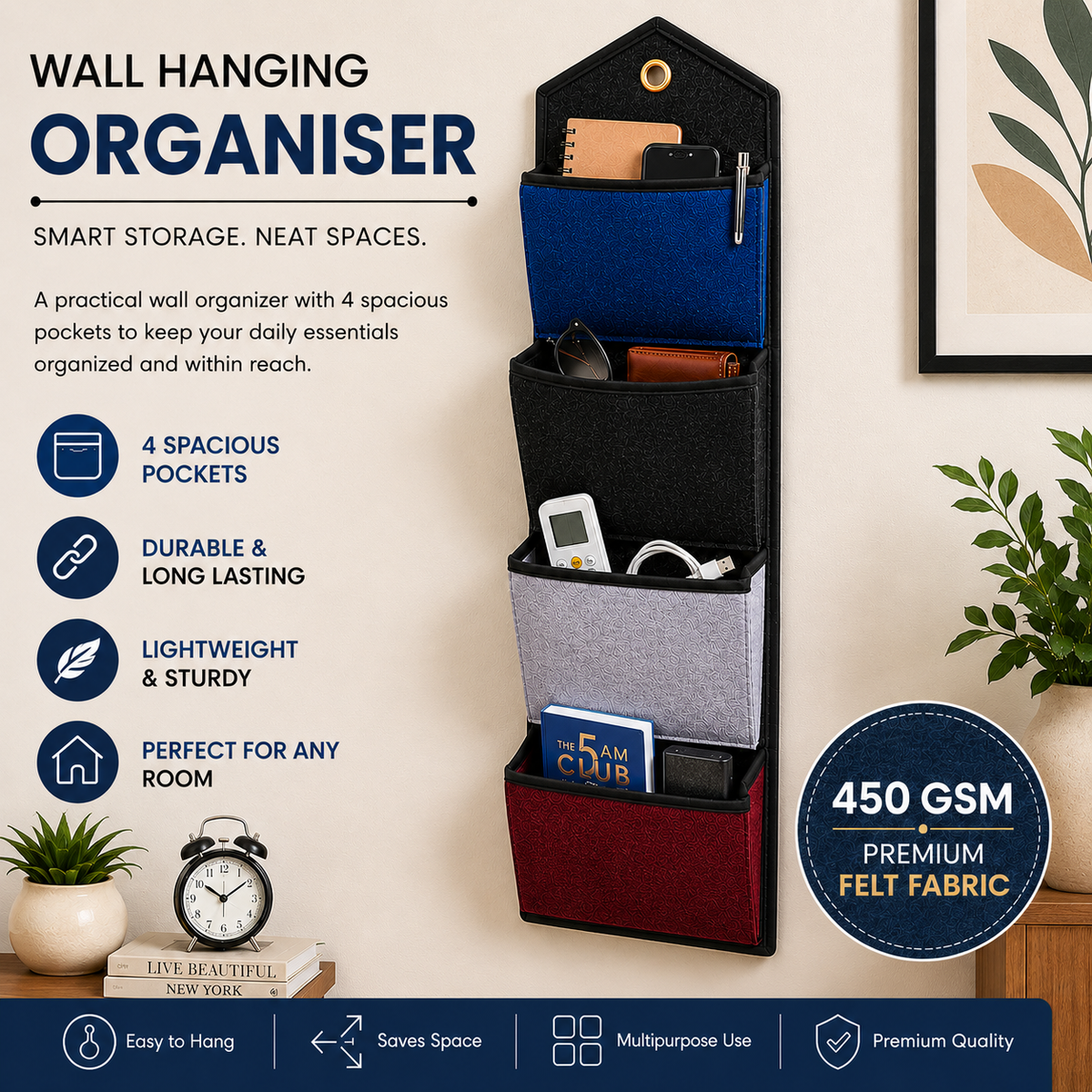 Wall Hanging Storage Organize with 4 Pockets (Large) Multicolor
