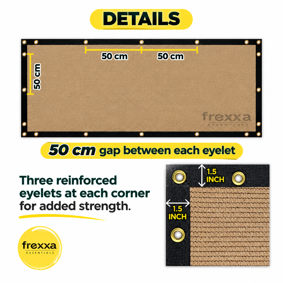 Privacy Screen Fence Shade Net for Balcony, Garden, Terrace & Outdoor Fence Heavy Duty with Polyester Band, Brass Eyelets & Tie Cords (Beige Black)