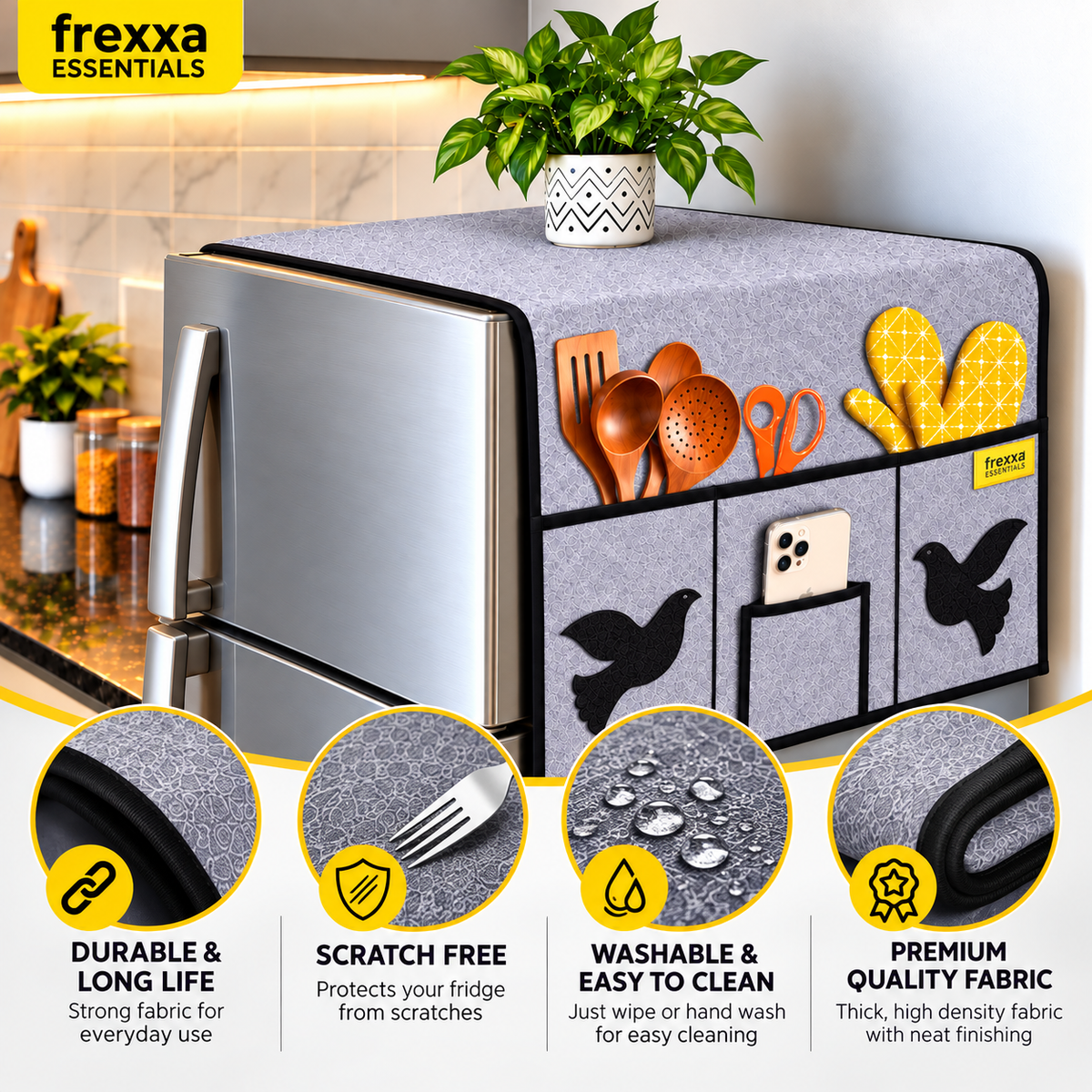 Frexxa Fridge Top Cover with Side Pocket - Grey