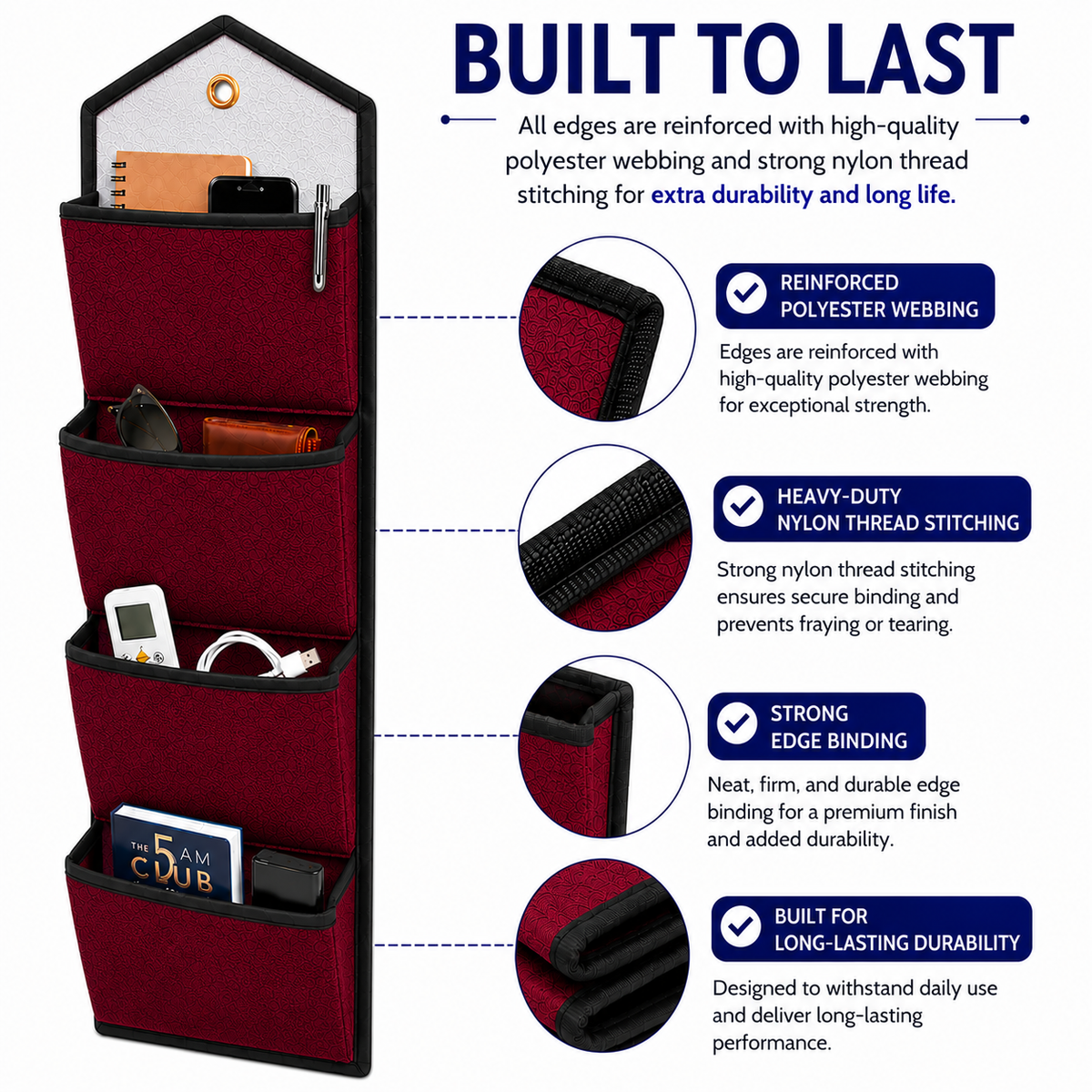 Wall Hanging Storage Organize with 4 Pockets (Large) Maroon