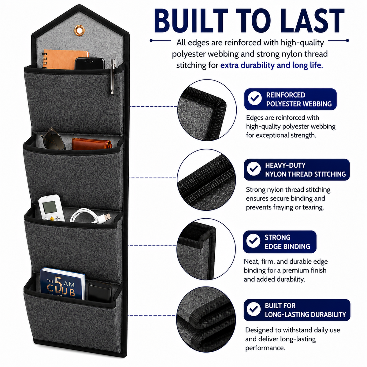 Wall Hanging Storage Organize with 4 Pockets (Large) Dark Grey