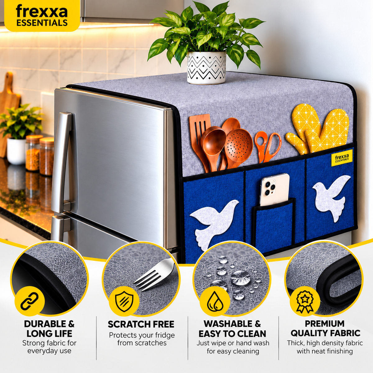Frexxa Fridge Top Cover with Side Pockets - Grey Blue