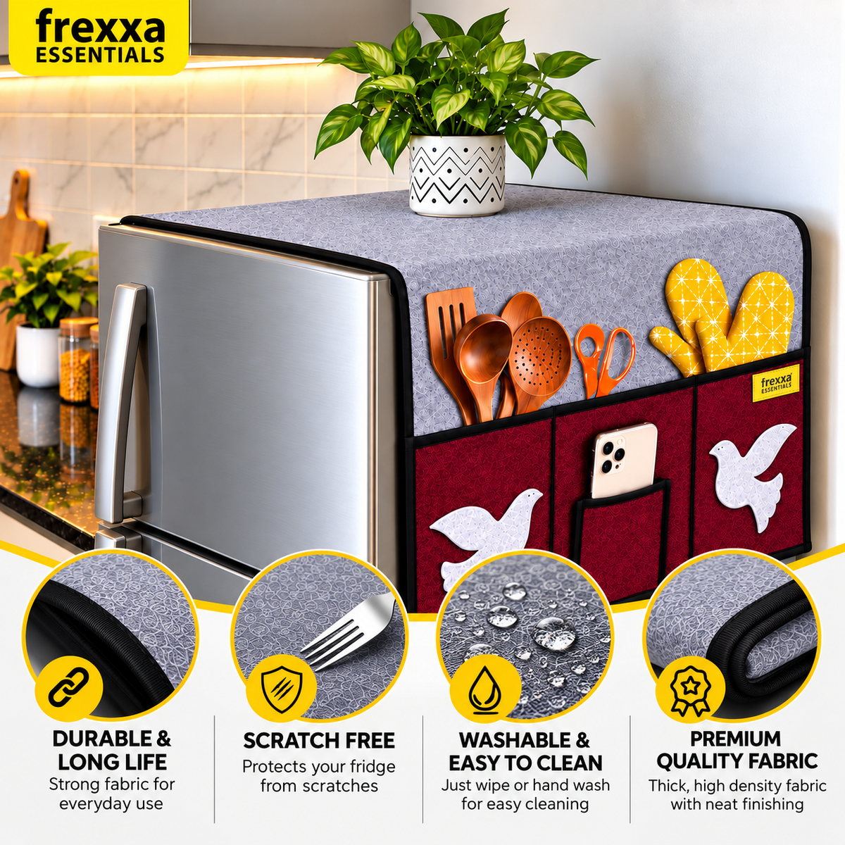 Frexxa Fridge Top Cover with Side Pockets - Grey Maroon